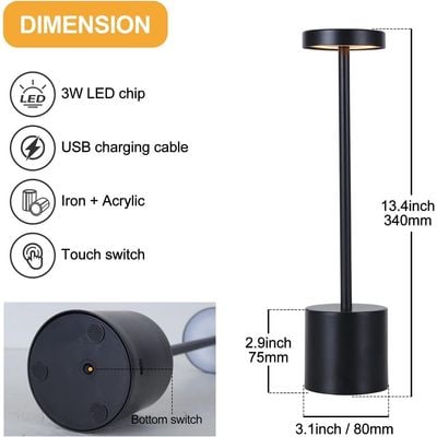 Touch Sensor Table Lamp 6000mAh Battery Operated Black