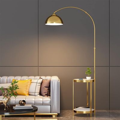 Sleek Fusion: Arched Metal and Marble Floor Lamp with Integrated Side Table