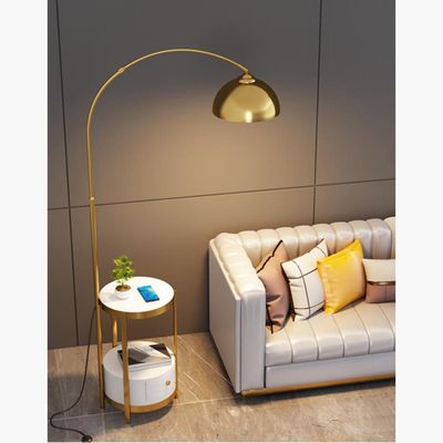 Sleek Fusion: Arched Metal and Marble Floor Lamp with Integrated Side Table