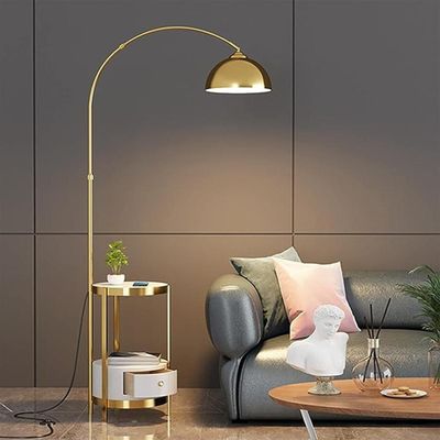 Sleek Fusion: Arched Metal and Marble Floor Lamp with Integrated Side Table