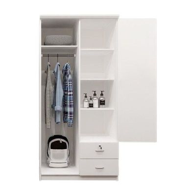 Two Door Wooden Wardrobe/Storage/Cabinet,2 Door Wooden Wardrobe/Storage/Cabinet With 2 Drawer, One Side Clothes Hanger And Other Side Four Shelves White