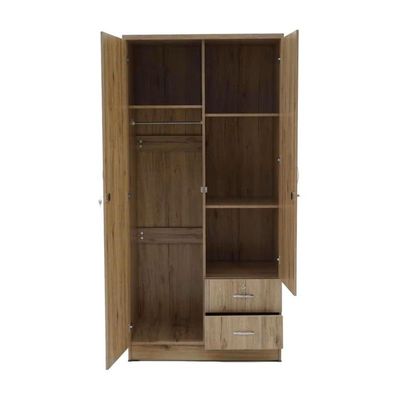 Two Door Wooden Wardrobe/Storage/Cabinet,2 Door Wooden Wardrobe/Storage/Cabinet With 2 Drawer, One Side Clothes Hanger And Other Side Four Shelves White OAK