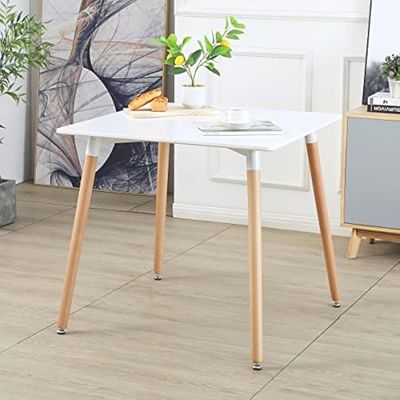 Maple Home Dining Table Modern Leisure Coffee Table Wooden Legs Stable Scratch Resistant MDF White Table Top Kitchen Living Office Furniture 60*60*72cm