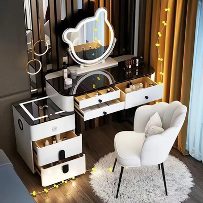 Dressing Table Features Bluetooth Audio Lighted Mirror Wireless Charging Makeup Vanity in Tempered Glass Countertop - White