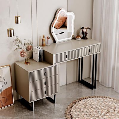 Modern Dressing Table Vanity Desk with Wavy LED Mirror High-Gloss Makeup Desk with Drawers and Storage - Beige 