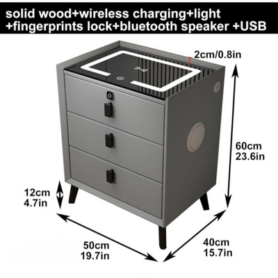 Smart Bedside Table Grey Nightstand in Three Drawers, Secure Fingerprint Lock Wireless Charging Speaker Touch LED Light Modern Night Stand Side Table - Gray