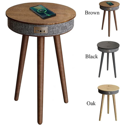 Smart Table with Built in 360° Bluetooth Speaker & Wireless QI Charger with Modern LED sensor light, 60H x 39W cm - Oak