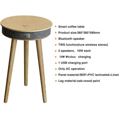 Smart Table with Built in 360° Bluetooth Speaker & Wireless QI Charger with Modern LED sensor light, 60H x 39W cm - Oak