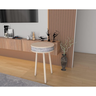 Smart Table with Built in 360° Bluetooth Speaker & Wireless QI Charger with Modern LED sensor light, 60H x 39W cm - Oak