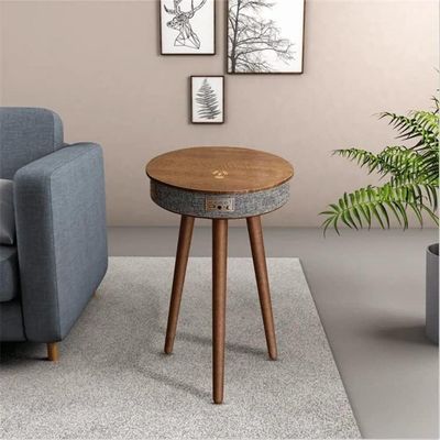 Smart Table with Built in 360° Bluetooth Speaker & Wireless QI Charger with Modern LED sensor light, 60H x 39W cm - Brown