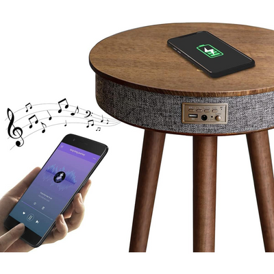 Smart Table with Built in 360° Bluetooth Speaker & Wireless QI Charger with Modern LED sensor light, 60H x 39W cm - Brown