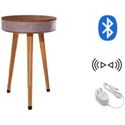 Smart Table with Built in 360° Bluetooth Speaker & Wireless QI Charger with Modern LED sensor light, 60H x 39W cm - Brown