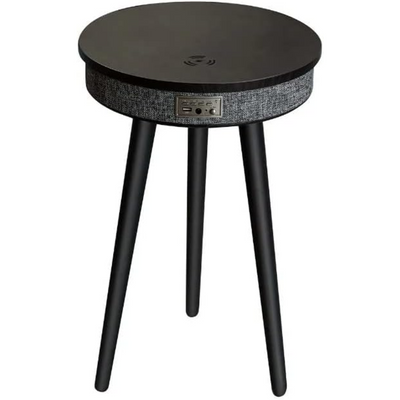 Smart Table with Built in 360° Bluetooth Speaker & Wireless QI Charger with Modern LED sensor light, 60H x 39W cm - Black