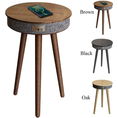 Smart Table with Built in 360° Bluetooth Speaker & Wireless QI Charger with Modern LED sensor light, 60H x 39W cm - Black