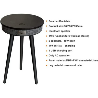 Smart Table with Built in 360° Bluetooth Speaker & Wireless QI Charger with Modern LED sensor light, 60H x 39W cm - Black