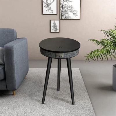 Smart Table with Built in 360° Bluetooth Speaker & Wireless QI Charger with Modern LED sensor light, 60H x 39W cm - Black