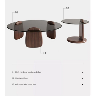 Set of Two Round Coffee Table with Wooden Base Tempered Glass Countertop.