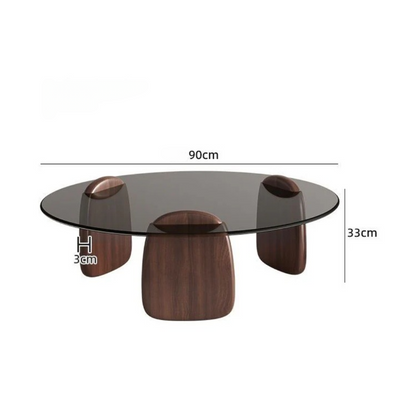 Set of Two Round Coffee Table with Wooden Base Tempered Glass Countertop.