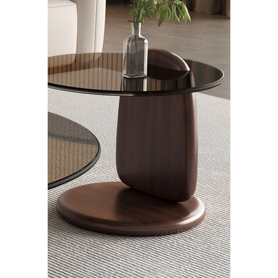 Set of Two Round Coffee Table with Wooden Base Tempered Glass Countertop.