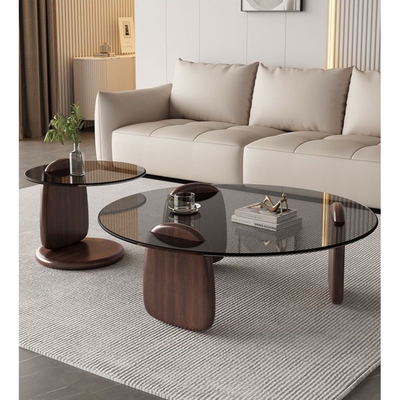 Set of Two Round Coffee Table with Wooden Base Tempered Glass Countertop.