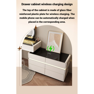 Smart Vanity Table, Dressing Table with Mirror, Chair and Double Chest Drawers Feature a Wireless Charging Speaker LED Light - Off White