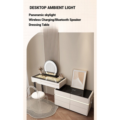 Smart Vanity Table, Dressing Table with Mirror, Chair and Double Chest Drawers Feature a Wireless Charging Speaker LED Light - Off White