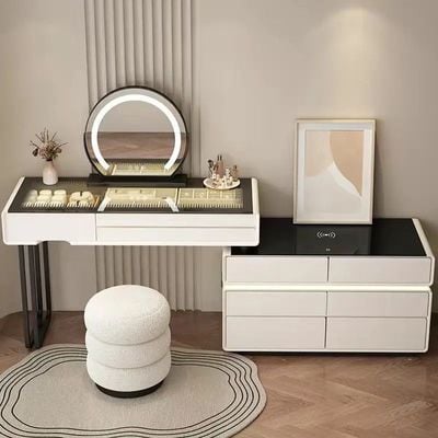 Smart Vanity Table, Dressing Table with Mirror, Chair and Double Chest Drawers Feature a Wireless Charging Speaker LED Light - Off White