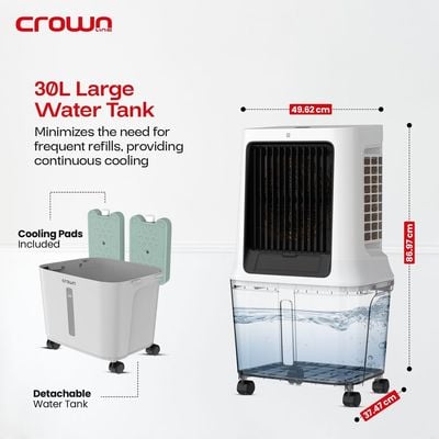 Crownline AC-400 Evaporative Air Cooler 1800m3/h - Ultra-Efficient 30L with Anion Purifier & Multi-Directional Swing with Remote Control