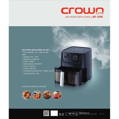 Crownline AF-396 Air Fryer w/ Visible Cooking Window, Rapid Hot Air Circulation for Frying, Grilling, Broiling, Roasting, Baking & more, 5.5L/2.4kg Capacity, 80-200℃ Temp Range, 1500W, 30-Min Timer.