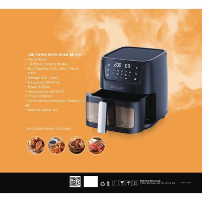 Crownline AF-397 Air Fryer w/Visible Cooking Window, Rapid Hot Air Circulation for Frying, Grilling, Broiling, Roasting, Baking & more, 5.5L/2.4kg Capacity, 80-200℃ Temp Range, 1500W, 90-Min Timer.