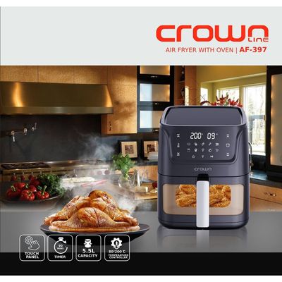 Crownline AF-397 Air Fryer w/Visible Cooking Window, Rapid Hot Air Circulation for Frying, Grilling, Broiling, Roasting, Baking & more, 5.5L/2.4kg Capacity, 80-200℃ Temp Range, 1500W, 90-Min Timer.