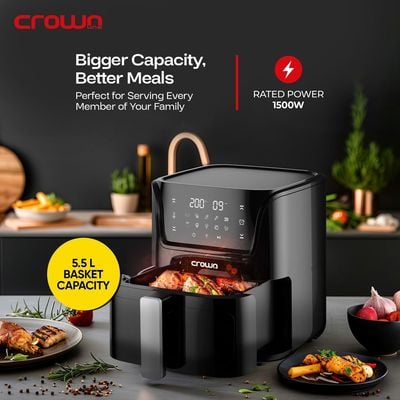 Crownline AF-397 Air Fryer w/Visible Cooking Window, Rapid Hot Air Circulation for Frying, Grilling, Broiling, Roasting, Baking & more, 5.5L/2.4kg Capacity, 80-200℃ Temp Range, 1500W, 90-Min Timer.