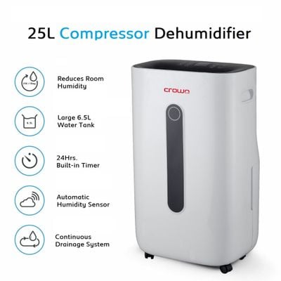 Crownline MD-395 Dehumidifier: 25L/Day Capacity, Digital Humidity Display, Continuous Drainage, 24-Hour Timer, and Dry clothes mode option