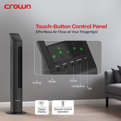 Crownline TF-409 | 44" Tower Fan, 3 Speed Settings, 3 Wind Modes, 8-Hour Timer, ≤58dB, 80° Oscillation, LED Display, and Remote Control | 65W Power, 220-240V, 50 Hz.
