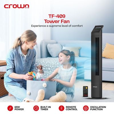 Crownline TF-409 | 44" Tower Fan, 3 Speed Settings, 3 Wind Modes, 8-Hour Timer, ≤58dB, 80° Oscillation, LED Display, and Remote Control | 65W Power, 220-240V, 50 Hz.