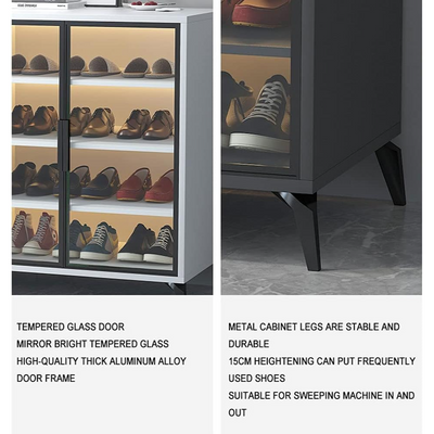 Shoe Rack Cabinet with Glass Doors Tempered Glass Shoe Storage Cabinet Spacious 6-Tier Storage with Adjustable Shelves, Soft Closing Hinges and Ambient Lighting - Black