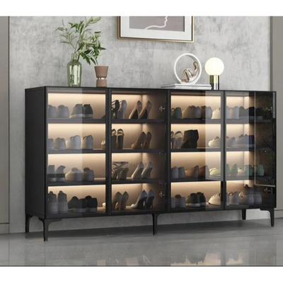 Shoe Rack Cabinet with Glass Doors Tempered Glass Shoe Storage Cabinet Spacious 6-Tier Storage with Adjustable Shelves, Soft Closing Hinges and Ambient Lighting - Black