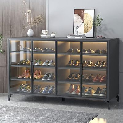 Shoe Rack Cabinet with Glass Doors Tempered Glass Shoe Storage Cabinet Spacious 6-Tier Storage with Adjustable Shelves, Soft Closing Hinges and Ambient Lighting - Black