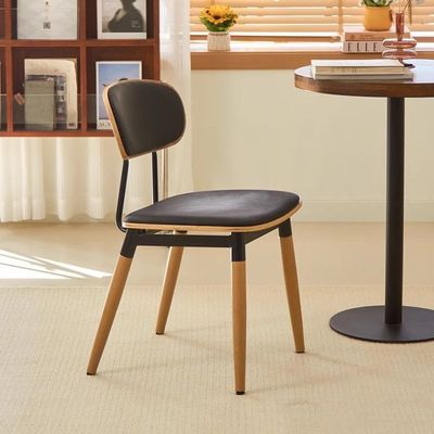 Maple Home Leather Dining Chair Armless Solid Warm Wooden Seat Open Curved Backrest Sleek Black Metal Legs Kitchen Living Indoor Office Furniture 