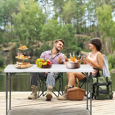 Maple Home Plastic Folding Table Fold-in-Half Metallic Frame Portable Multi-purpose Carry Handle 4-Persons Dining Living Office Camp Picnic Beach Furniture 60*120*75cm