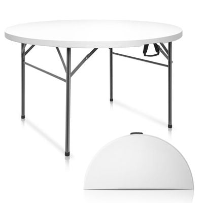 Maple Home Plastic Folding Round Table Fold-in-Half Metallic Frame Portable Multi-purpose Carry Handle 5-6 Persons Dining Living Office Camp Picnic Beach Furniture 120*75cm