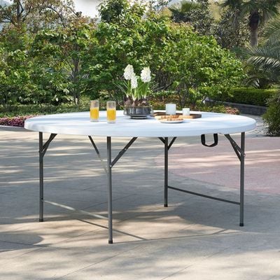 Maple Home Plastic Folding Round Table Fold-in-Half Metallic Frame Portable Multi-purpose Carry Handle 8-10 Persons Dining Living Office Camp Picnic Beach Furniture 150*75cm-HW-7