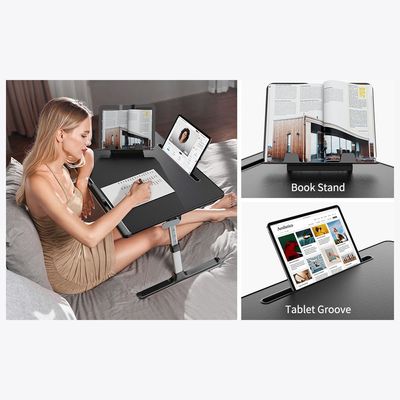 SAIJI Laptop Bed Tray Table, SAIJI Adjustable PVC Leather Laptop Bed Table, Portable Standing Desk with Storage Drawer, Foldable Lap Tablet Table for Sofa Couch Floor (Black,Large)