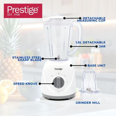 Prestige 2 in 1 Stand Blender 1.5 Ltr 400W | Blender with Grinder Mills | Stainless Steel Blades and Two Pulse Control for Fine and Grinding of Coffee Herbs - White PR81529