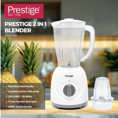 Prestige 2 in 1 Stand Blender 1.5 Ltr 400W | Blender with Grinder Mills | Stainless Steel Blades and Two Pulse Control for Fine and Grinding of Coffee Herbs - White PR81529