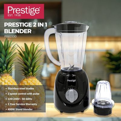 Prestige 2 in 1 Stand Blender 1.5 Ltr 400W | Blender with Grinder Mills | Stainless Steel Blades and Two Pulse Control for Fine and Grinding of Coffee Herbs - Black PR81530