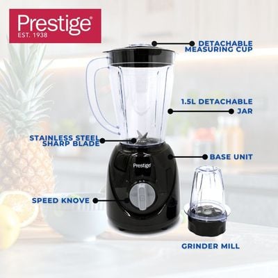 Prestige 2 in 1 Stand Blender 1.5 Ltr 400W | Blender with Grinder Mills | Stainless Steel Blades and Two Pulse Control for Fine and Grinding of Coffee Herbs - Black PR81530