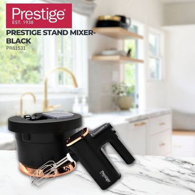 Prestige Stand Mixer with Spillage Proof Bowl Lid 300W | Quick Mixer with Plastic Bowl Viewing | Egg Beater Hand and Stand Mixer bowl Combo - Black PR81531