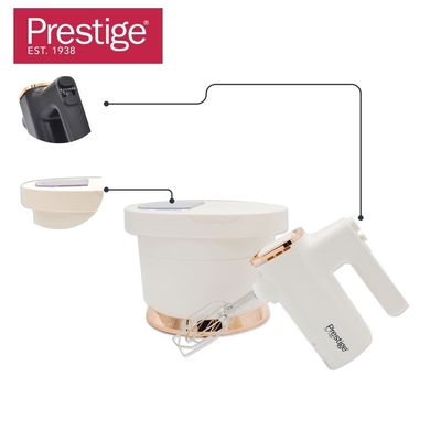 Prestige Stand Mixer with Spillage Proof Bowl Lid 300W | Quick Mixer with Plastic Bowl Viewing | Egg Beater Hand and Stand Mixer bowl Combo - White PR81532