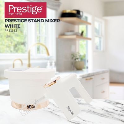 Prestige Stand Mixer with Spillage Proof Bowl Lid 300W | Quick Mixer with Plastic Bowl Viewing | Egg Beater Hand and Stand Mixer bowl Combo - White PR81532